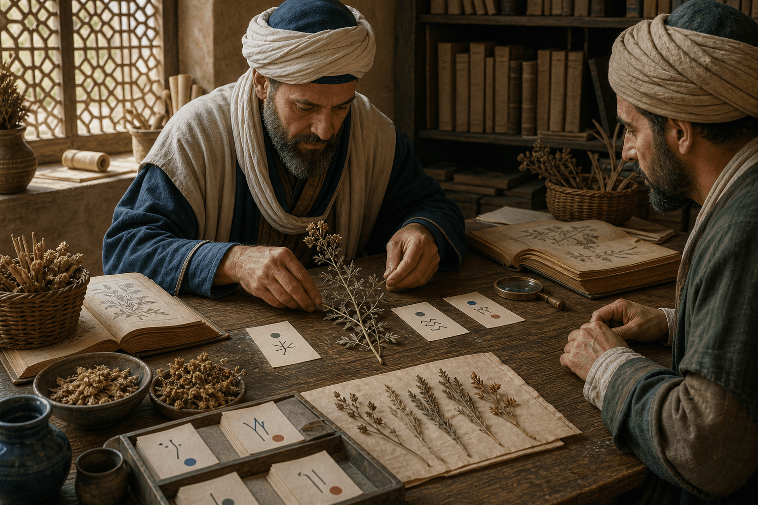رسم توضيحي تعليمي لباحثين يقارنان عينة نباتية وبطاقات أسماء مجردة في مجلس دراسة، بلا كلمات مقروءة