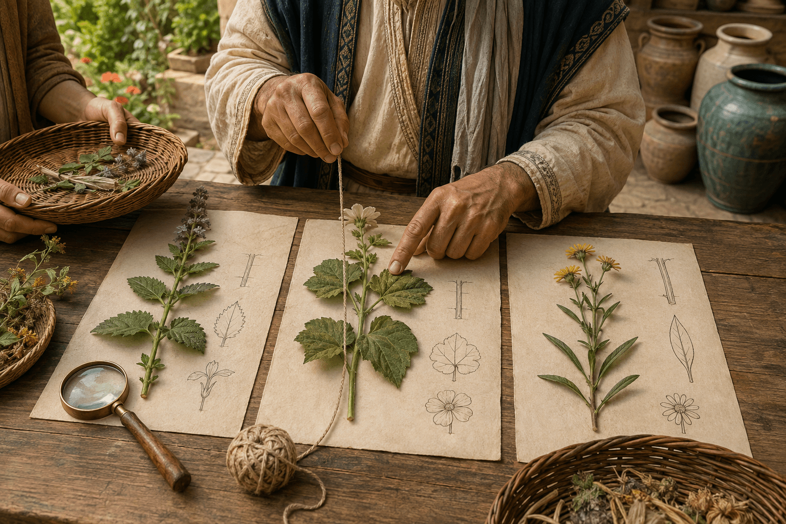 رسم توضيحي تعليمي لمقارنة ثلاث عينات نباتية بمكبر وقياس وعلامات مرئية، بلا نص مقروء وليس مخطوطًا أصليًا