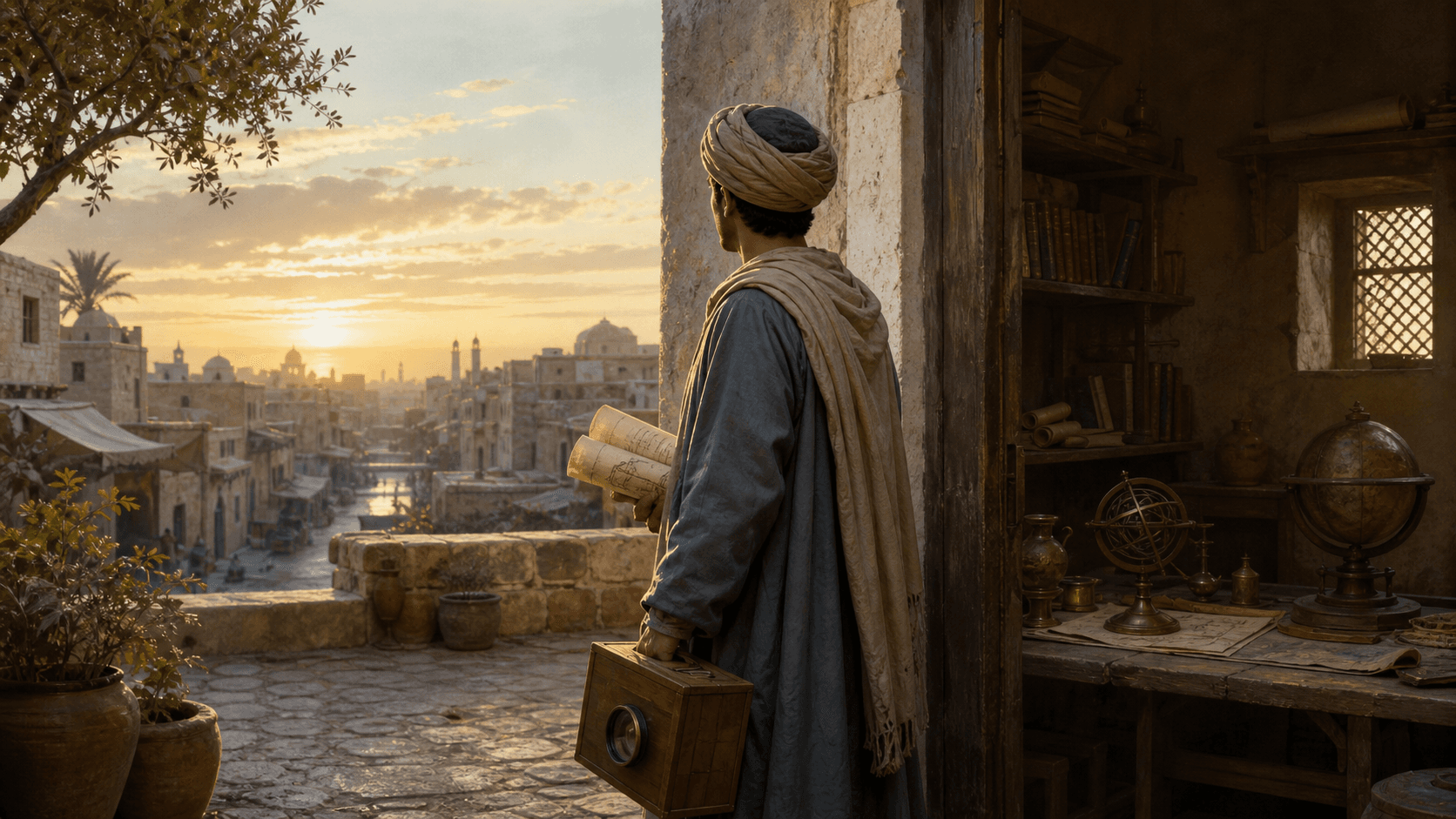 رسم تفسيري لباحث شاب عند مدخل ورشة علمية في مدينة من العصور الوسطى، مستوحى من بيئة البحث لا من صورة موثقة لابن الهيثم