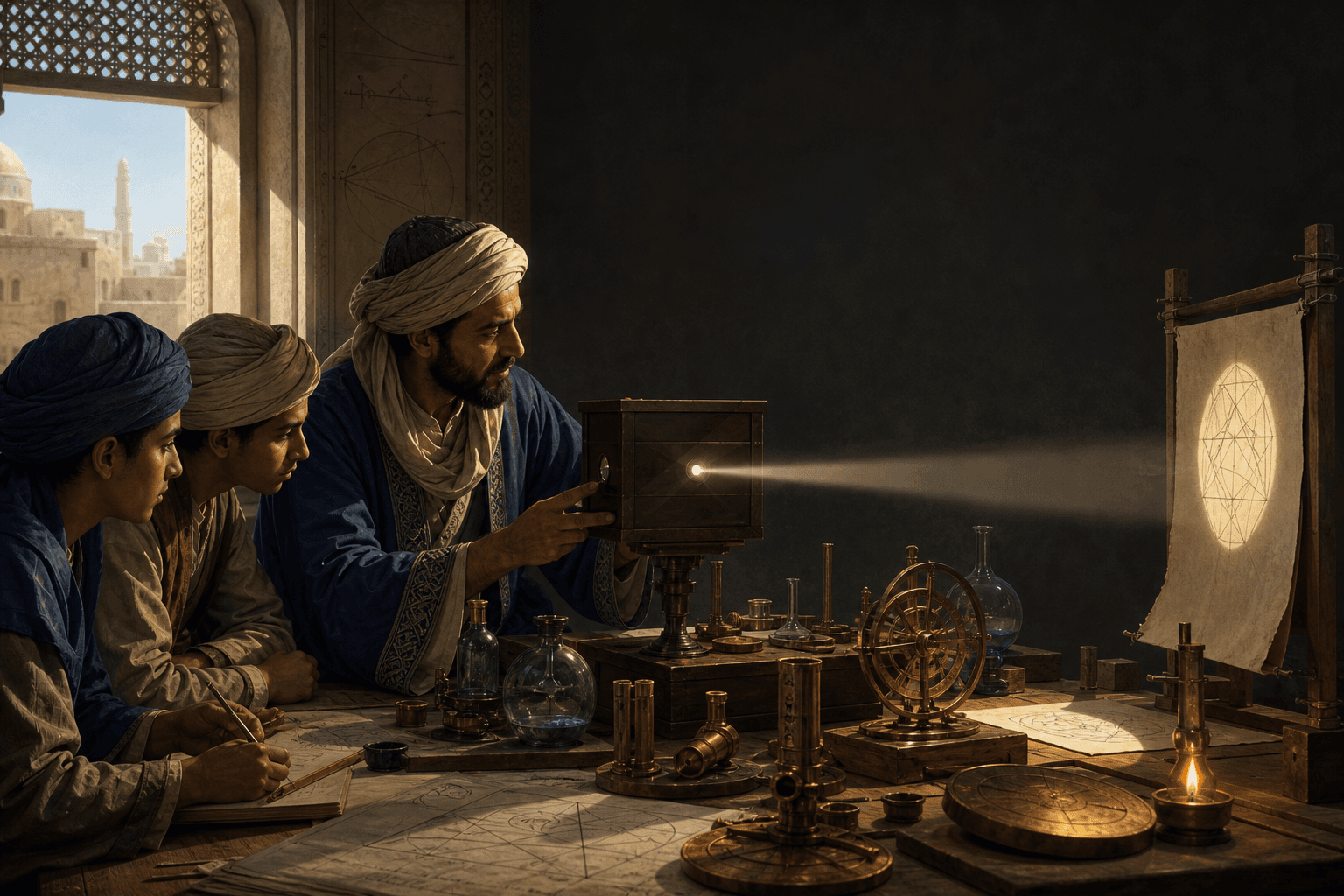 رسم توضيحي تعليمي لورشة بصريات وتجربة حجرة مظلمة، مستوحى من محور ابن الهيثم وليس بورتريهًا تاريخيًا