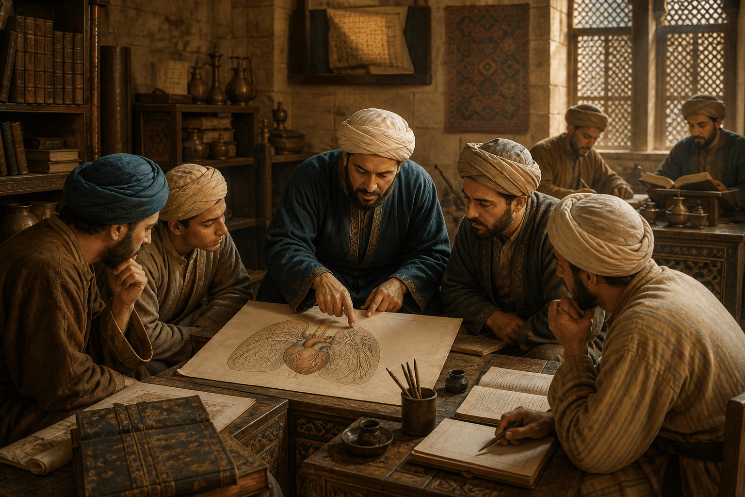 رسم توضيحي تاريخي تعليمي لدارسين مجهولين يناقشون مخطط القلب والرئة في غرفة طب من العصر الوسيط، وليس بورتريهًا موثقًا لابن النفيس