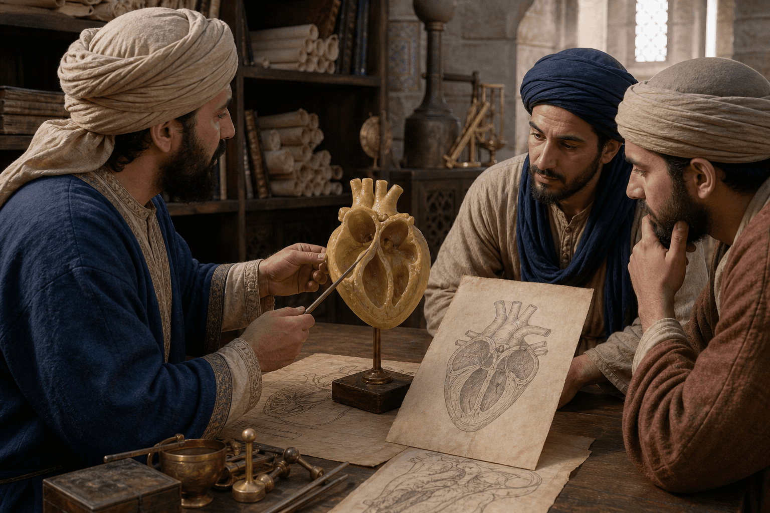 رسم توضيحي تاريخي لدرس تشريحي متخيّل يعرض نموذج القلب والحاجز بين البطينين، مع دارسين مجهولين وليس بورتريهًا لابن النفيس