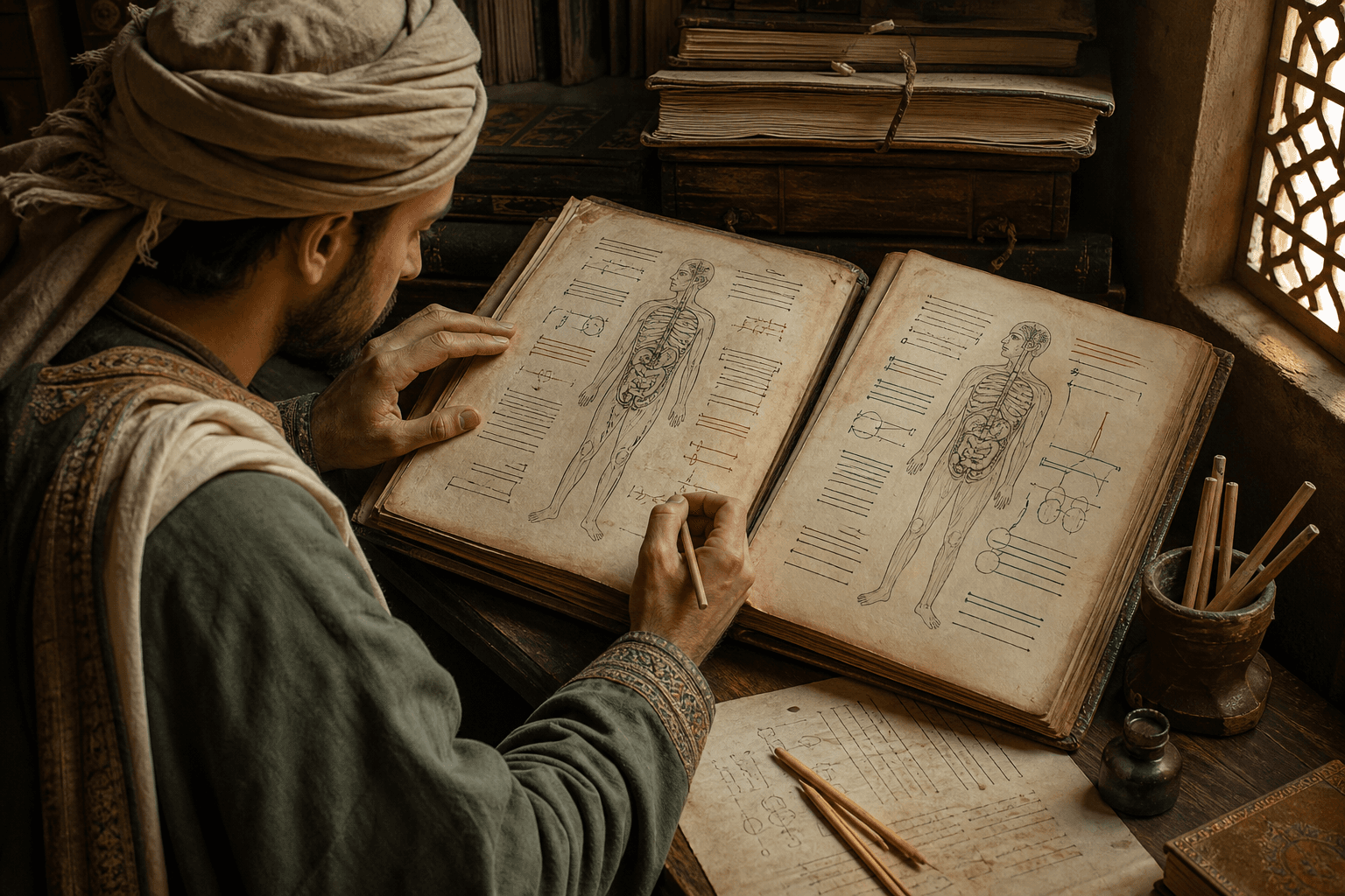 رسم توضيحي تاريخي تعليمي لباحث مجهول يقارن نسختين من مخطوط تشريحي بعلامات هامشية مجردة، وليس مخطوطًا أرشيفيًا محددًا