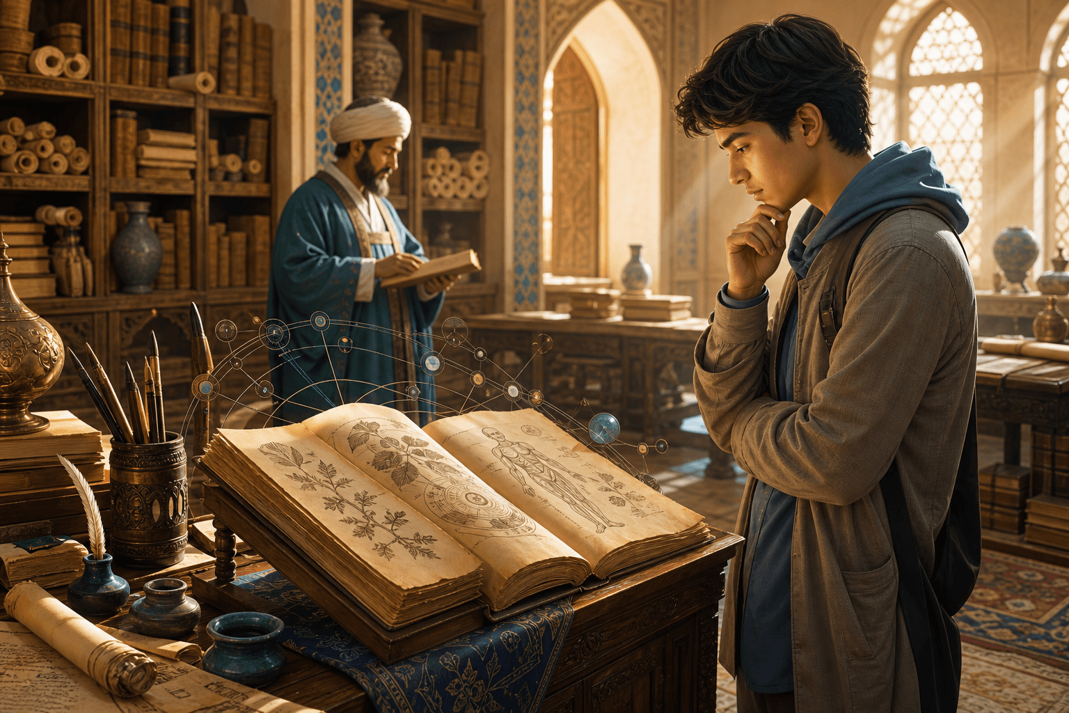 رسم توضيحي تعليمي لمكتبة تاريخية فيها مخطوط مفتوح وطالب يتأمل خريطة معرفة، وشخصية علمية مجهلة في الخلفية، وليس بورتريهًا موثقًا لابن سينا