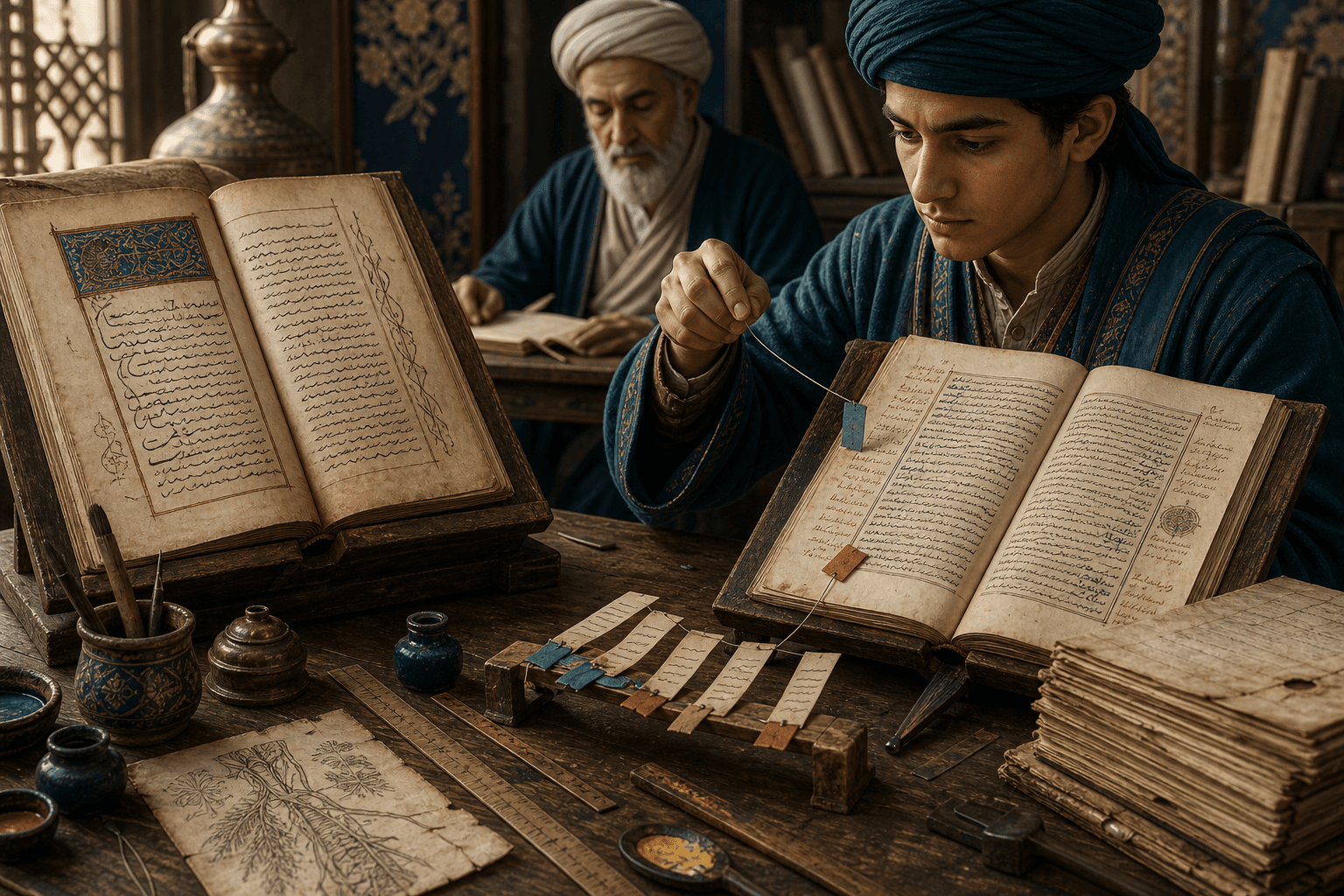 رسم توضيحي تعليمي لناسخين مجهولين يقارنان مخطوطين مفتوحين مع شرائط علامات وحافة ورق مرممة، بوجوه وأيد واضحة ومن دون كتابة مقروءة
