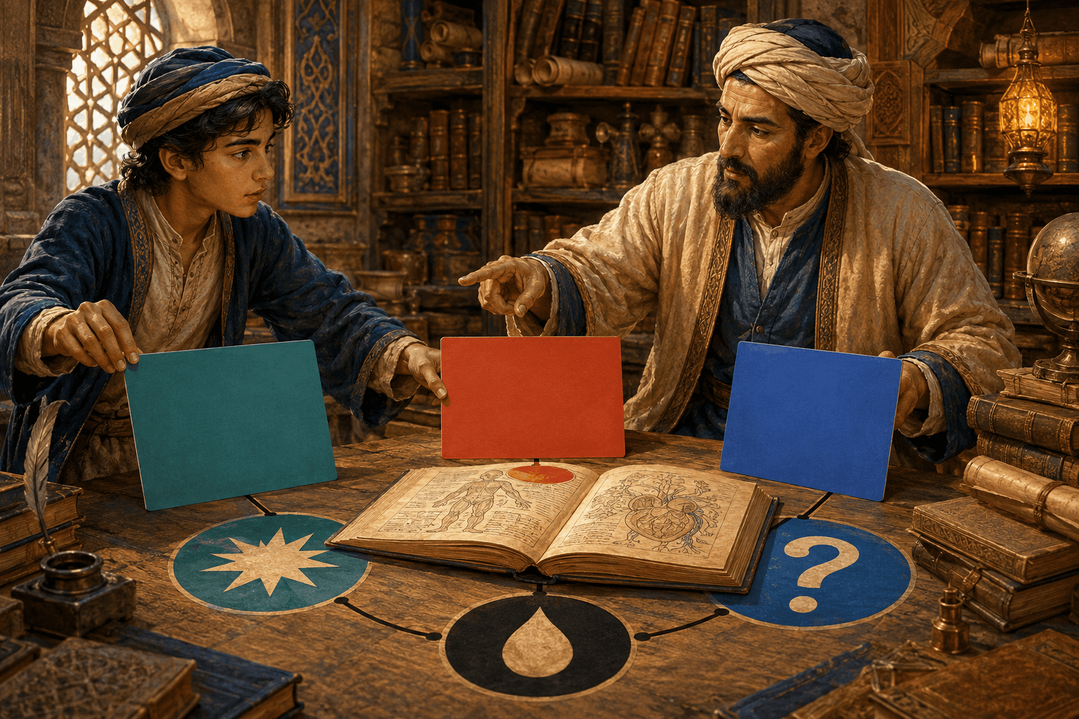 رسم توضيحي تعليمي لطالب وباحث مجهولين يرتبان بطاقات ورقية ملونة حول مخطوط مفتوح، بوجوه وأيد واضحة ومن دون كتابة مقروءة