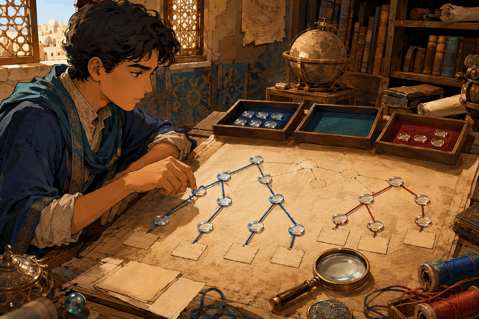 رسم توضيحي تعليمي لطالب يرتب عدسات وخيوطًا زرقاء وبرتقالية على خريطة ورقية متفرعة، بوجه واضح ومن دون مرض أو تشخيص أو كتابة