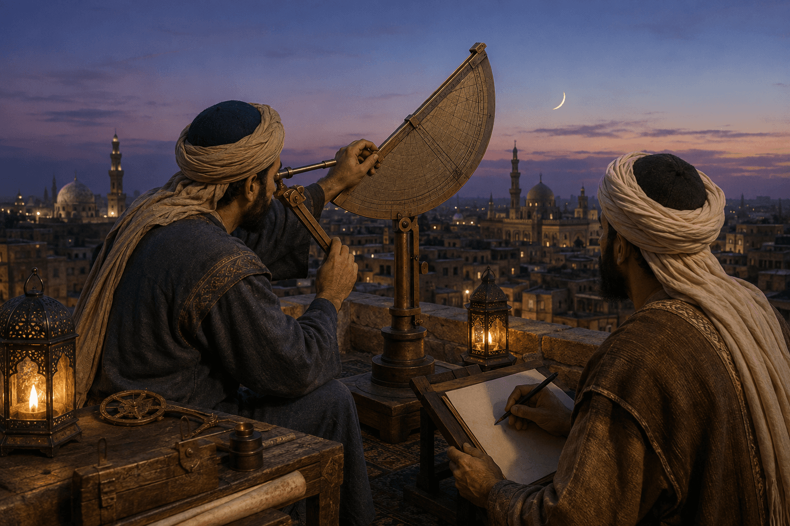 رسم توضيحي تعليمي لفلكي يوجه أداة قياس نحاسية إلى هلال فوق أفق القاهرة ويسجل الزاوية، وليس صورة أرشيفية