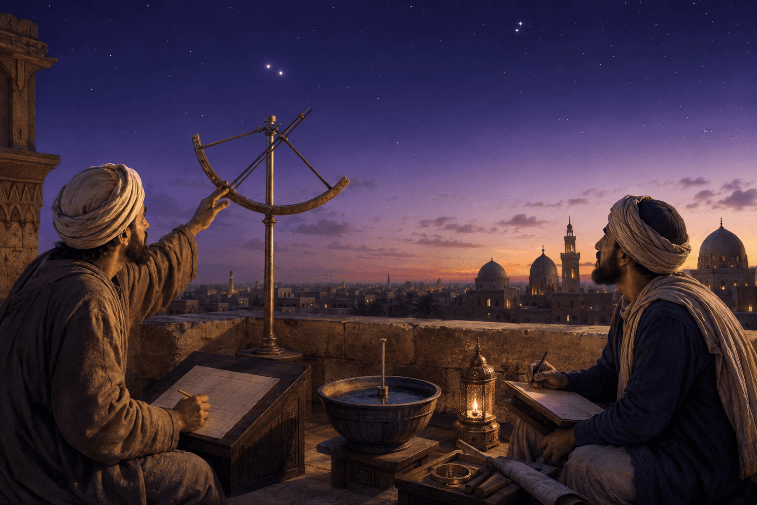 رسم توضيحي تعليمي لفلكيين يسجلان موقع جسمين سماويين قرب الأفق في مدينة تاريخية، وليس صورة تاريخية أصلية