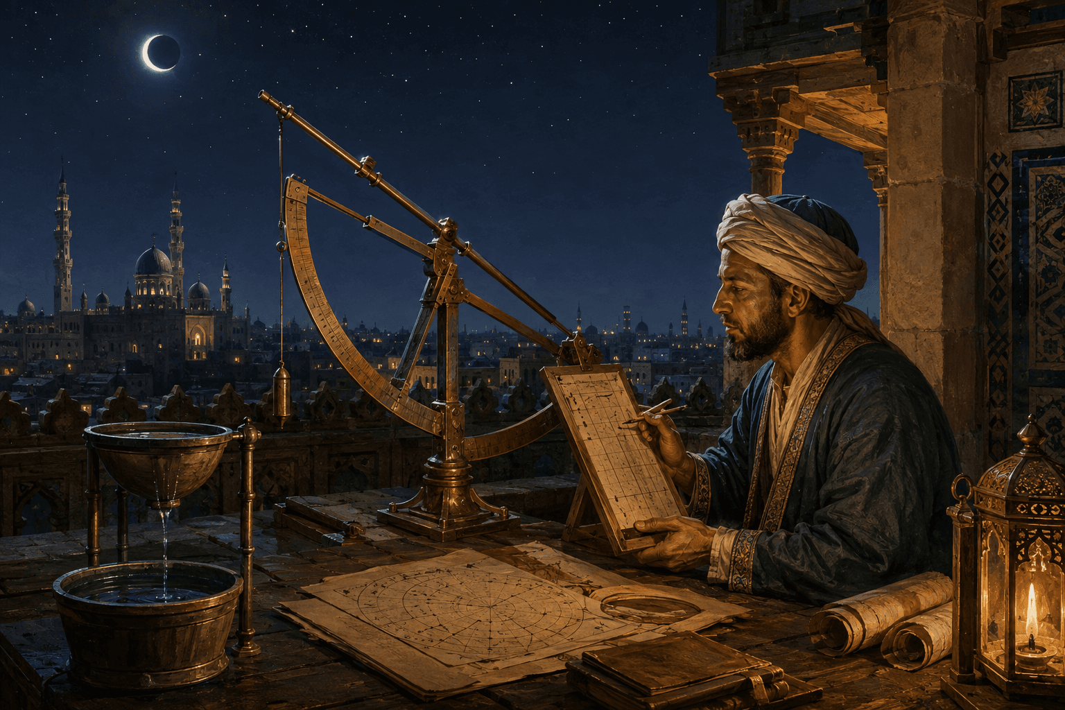 رسم توضيحي تعليمي لفلكي في سطح القاهرة يوجه أداة نحاسية إلى السماء ويسجل ملاحظة، وليس بورتريهًا تاريخيًا موثقًا لابن يونس