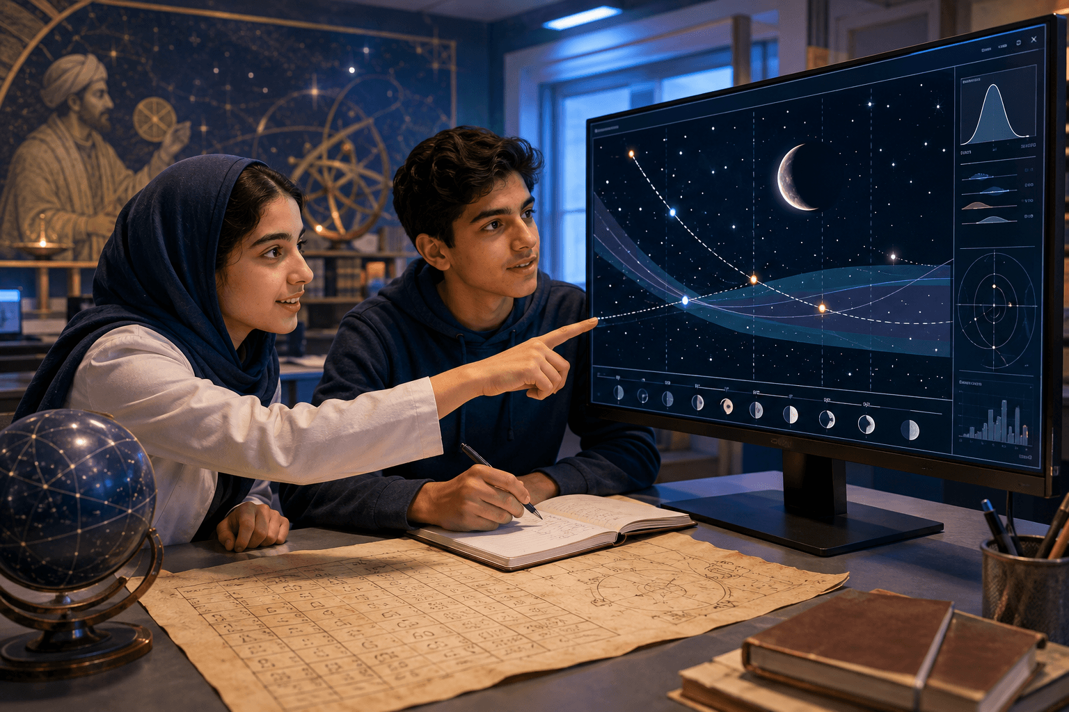 رسم توضيحي تعليمي ليافعين يراجعان محاكاة للسماء على شاشة مواجهة لهما مع دفتر رصد، وليس مشهدًا تاريخيًا