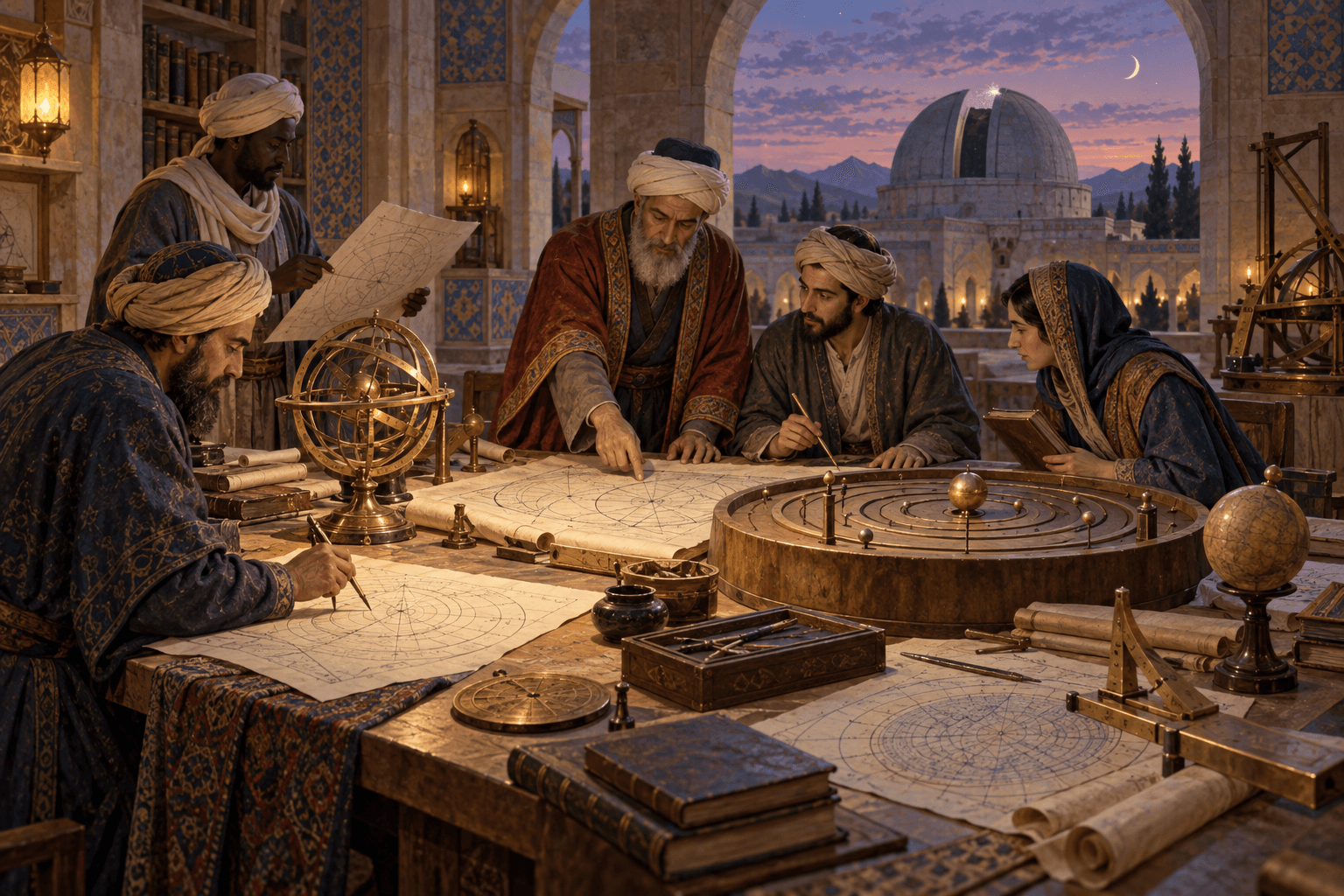 رسم توضيحي لفريق علمي في مرصد مراغة يقارن رسومًا فلكية وأدوات قياس، بلا نص مقروء