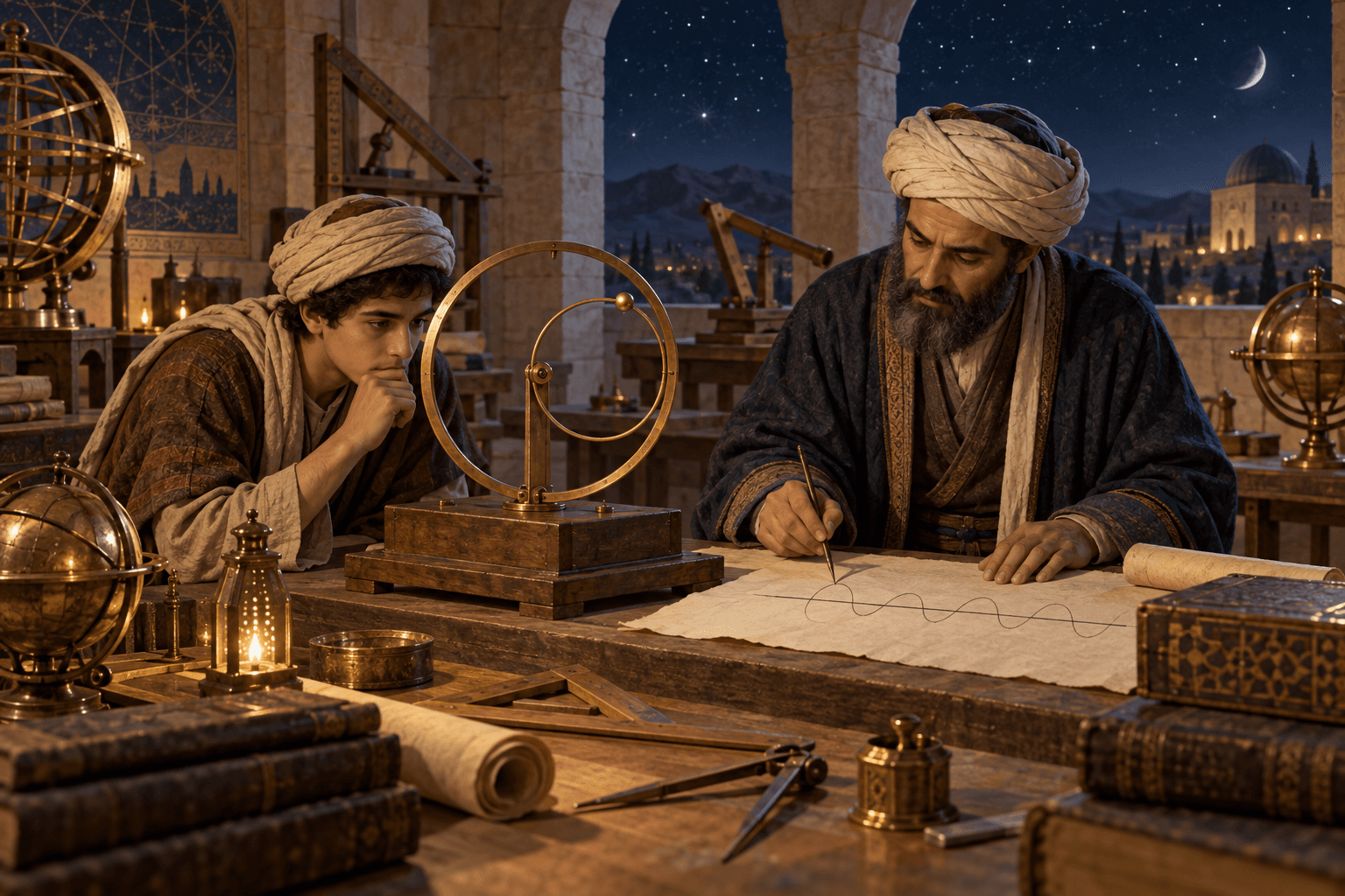 رسم تعليمي لطالب ومرشد يتابعان نقطة على دائرتين داخل ورشة مراغة، بلا نص مقروء