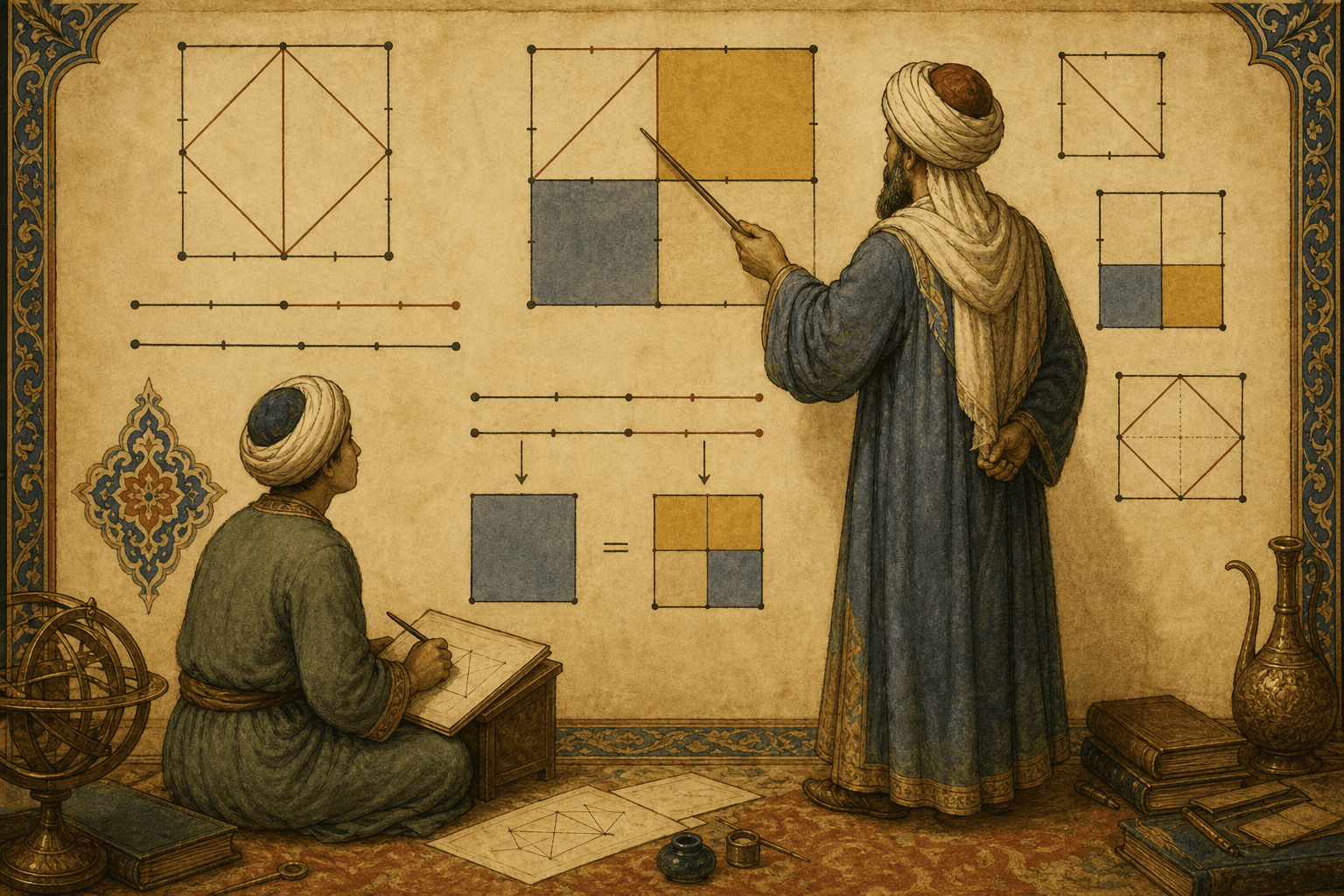 رسم توضيحي تعليمي لمعلم وتلميذ أمام مخطط هندسي على ورق، دون ادعاء أنهما ثابت وتلميذه
