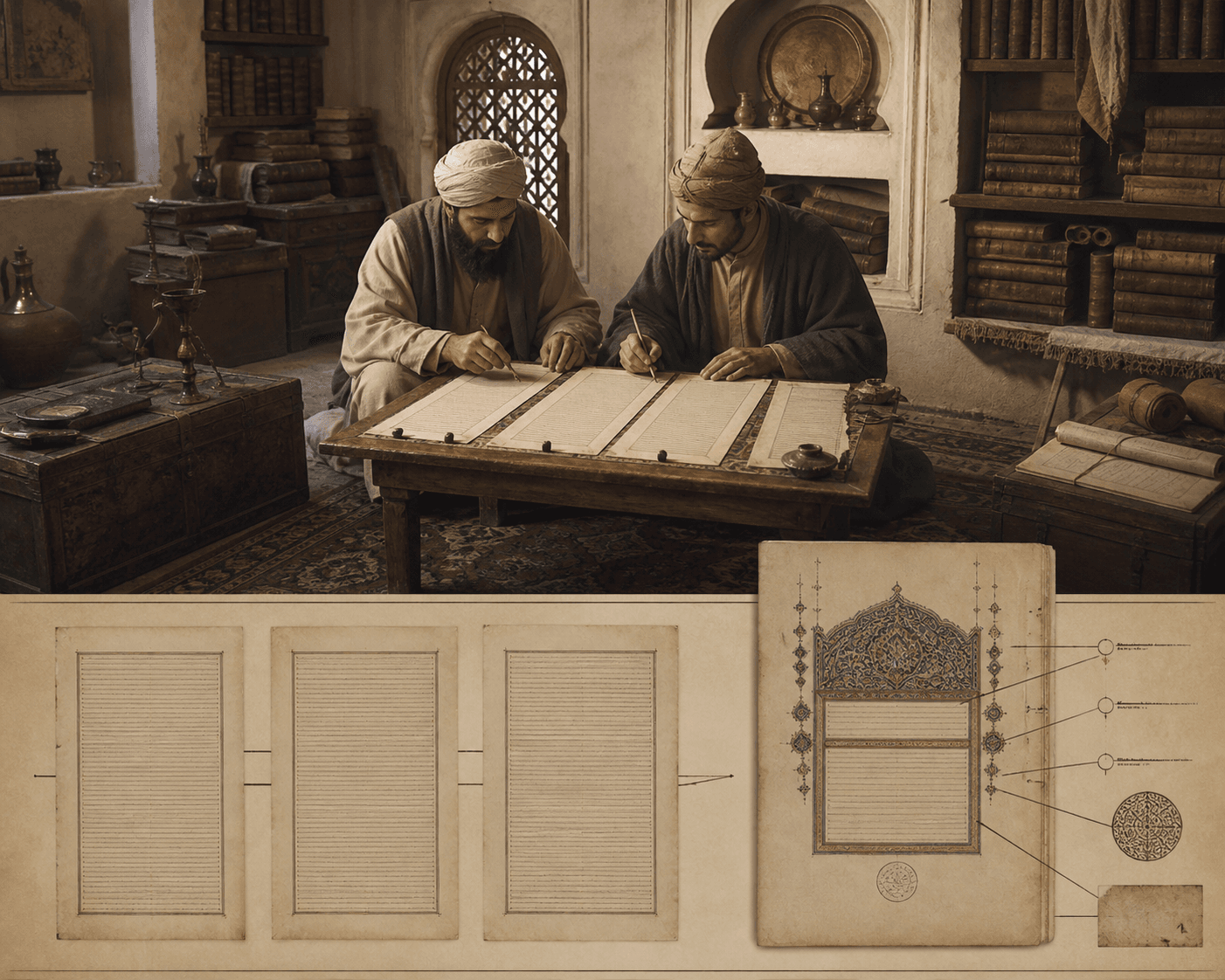 رسم توضيحي تعليمي لناسخين يقارنان شاهدين مخطوطين في غرفة كتب، وليس صورة أرشيفية