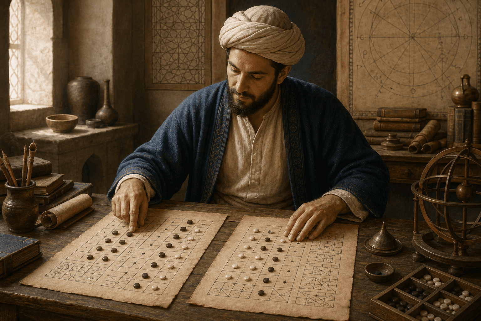 رسم توضيحي تاريخي تعليمي لعالم مجهول يدرس قواسم الأعداد على رقاع، وليس بورتريهًا موثقًا لثابت بن قرة