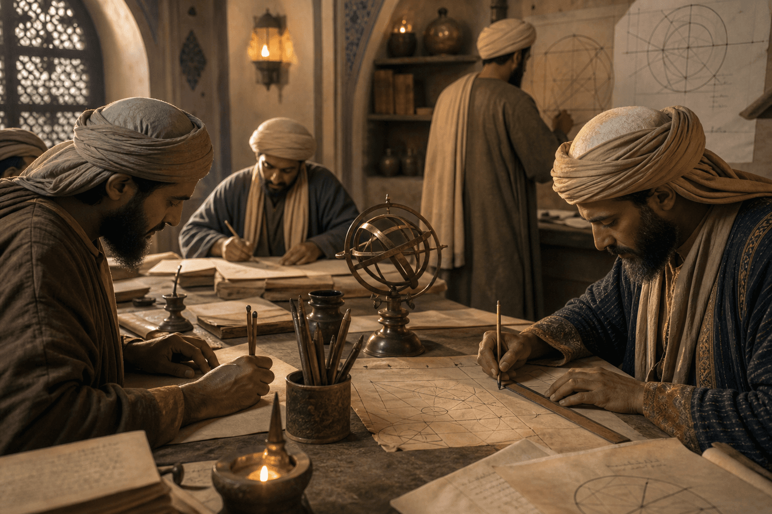 رسم توضيحي تاريخي تعليمي لفريق رياضي يراجع برهانًا على رقاع ومخطط هندسي، دون ادعاء بورتريه أصلي