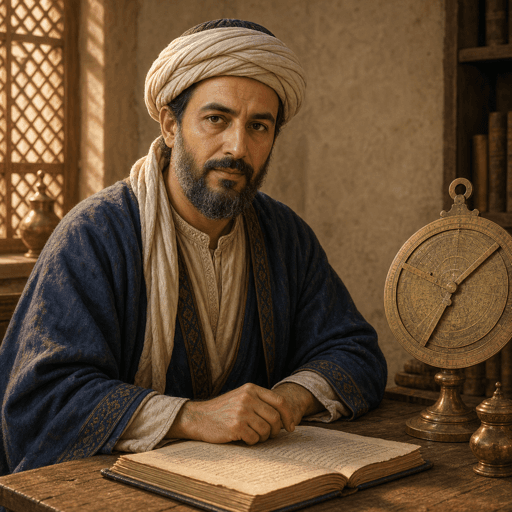 رسم رأسي تعليمي متخيّل لشخصية تمثل أبو الوفا البوزجاني — ليس بورتريهًا تاريخيًا موثقًا