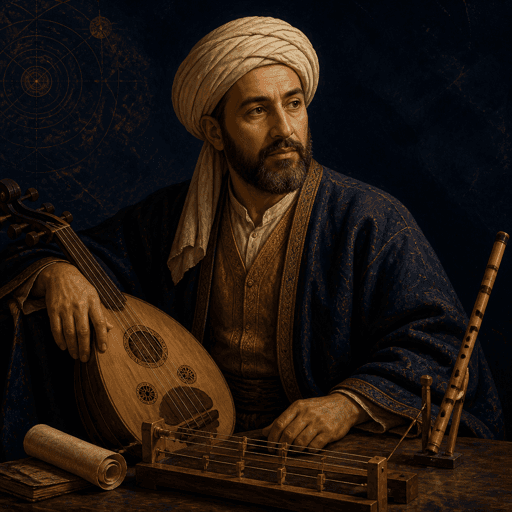 رسم رأسي تعليمي متخيّل لشخصية تمثل أبو نصر الفارابي — ليس بورتريهًا تاريخيًا موثقًا