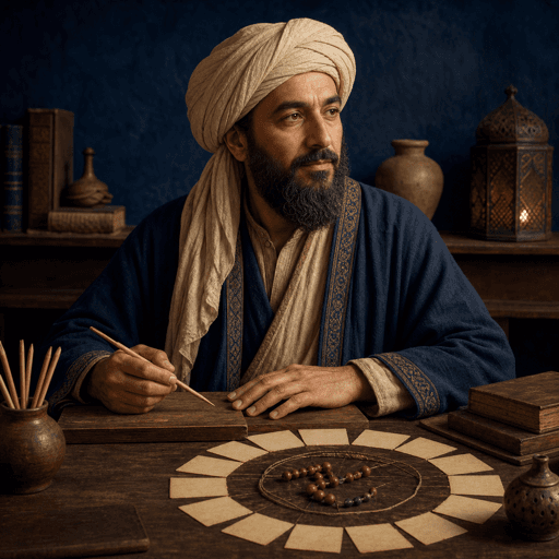رسم رأسي تعليمي متخيّل لشخصية تمثل الخليل بن أحمد — ليس بورتريهًا تاريخيًا موثقًا