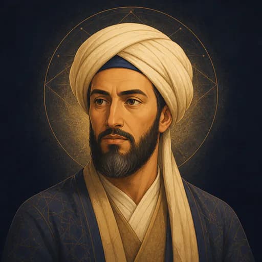 رسم رأسي تعليمي متخيّل لشخصية تمثل الخوارزمي — ليس بورتريهًا تاريخيًا موثقًا