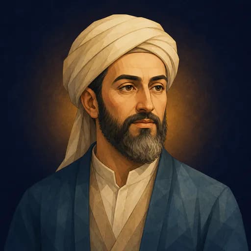 رسم رأسي تعليمي متخيّل لشخصية تمثل الرازي — ليس بورتريهًا تاريخيًا موثقًا