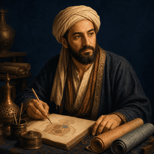 رسم رأسي تعليمي متخيّل لشخصية تمثل حُنين بن إسحاق — ليس بورتريهًا تاريخيًا موثقًا