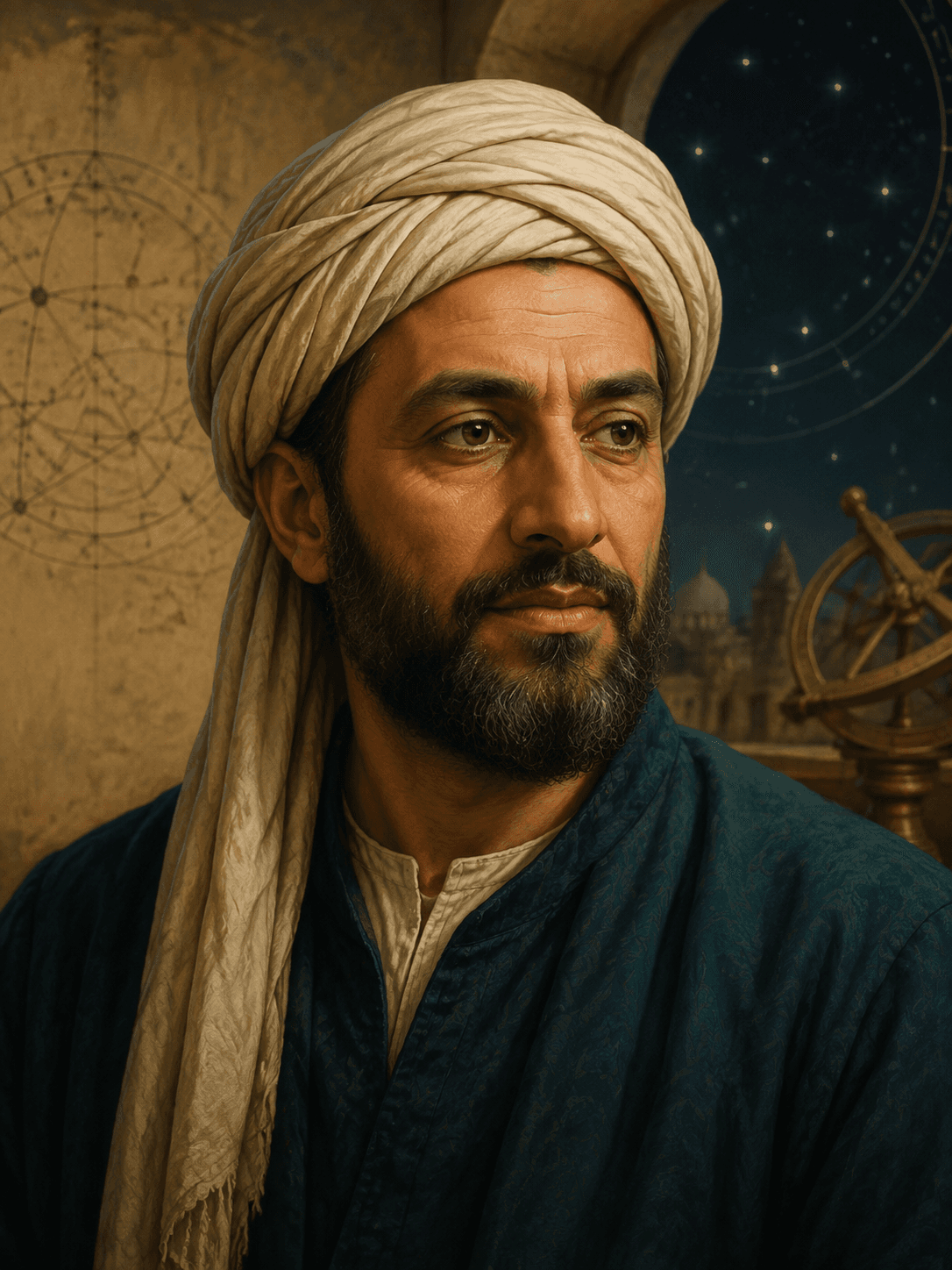 رسم رأسي تعليمي متخيّل لشخصية تمثل ابن يونس — ليس بورتريهًا تاريخيًا موثقًا