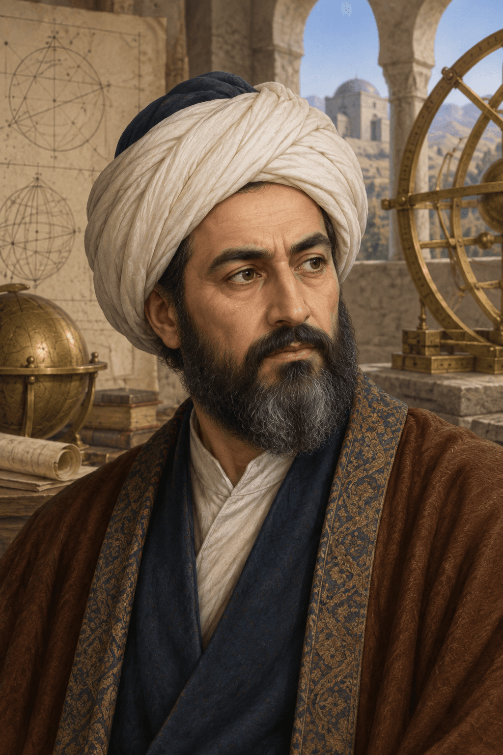 رسم رأسي تعليمي متخيّل لشخصية تمثل نصير الدين الطوسي — ليس بورتريهًا تاريخيًا موثقًا