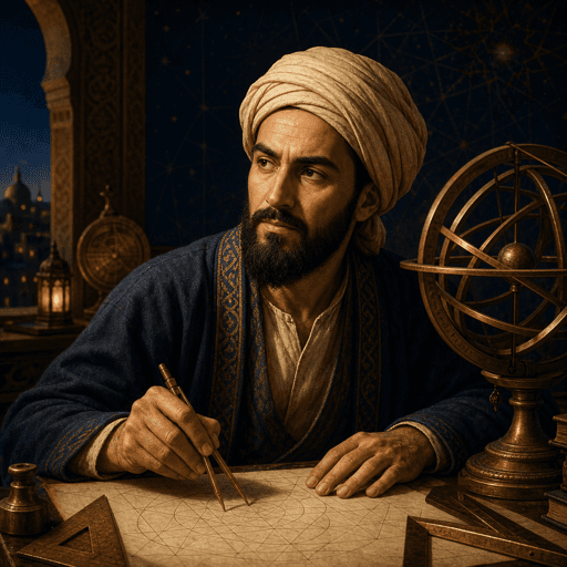رسم رأسي تعليمي متخيّل لشخصية تمثل ثابت بن قرة — ليس بورتريهًا تاريخيًا موثقًا