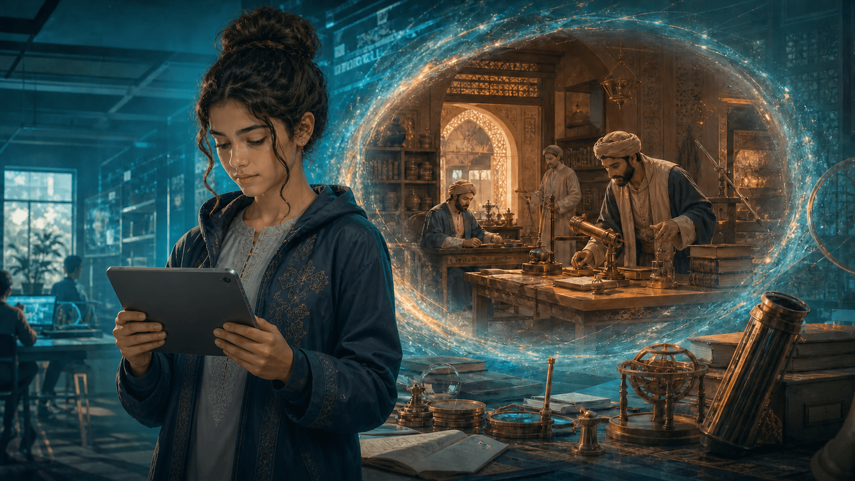 رسم قصصي تعليمي لليان تقرأ شاشة جهاز لوحي موجهة نحو عينيها أمام بوابة ضوء في مختبر بصريات