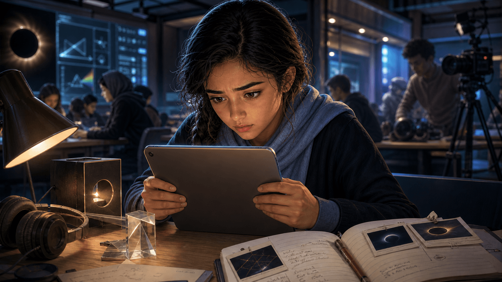 رسم قصصي لليان تتوقف قبل مشاركة مقطع سريع على جهاز لوحي داخل مختبر إعلام علمي حديث