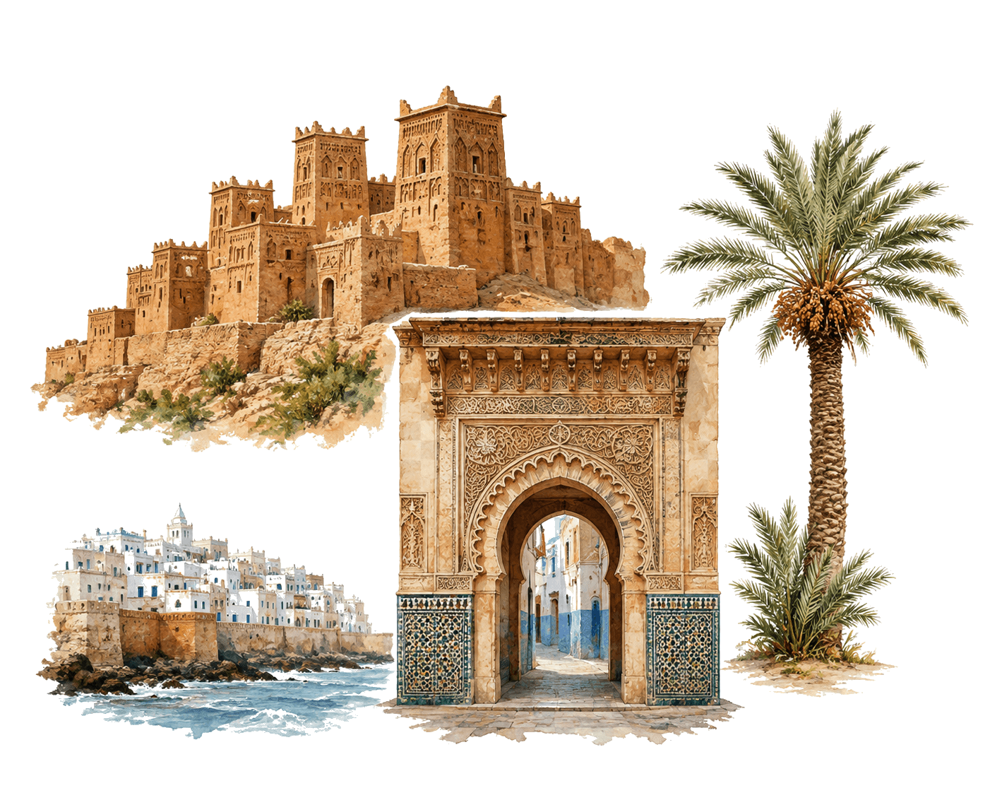 تركيب تراثي تعليمي شفاف يضم قصبة وقوسًا معماريًا ومدينة ساحلية ونخلة من أمثلة المغرب