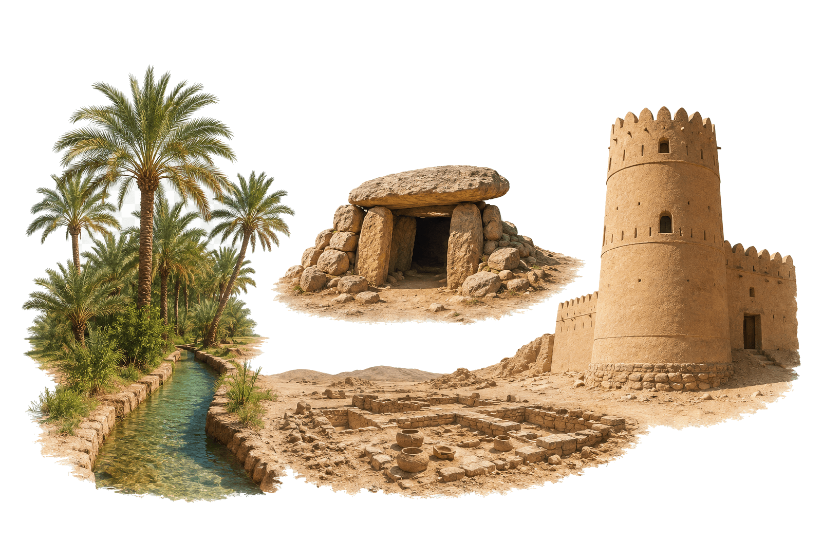تركيب تراثي تعليمي شفاف يضم واحة وأفلاجًا وقبرًا حجريًا وبرجًا طينيًا ومشهدًا أثريًا إماراتيًا