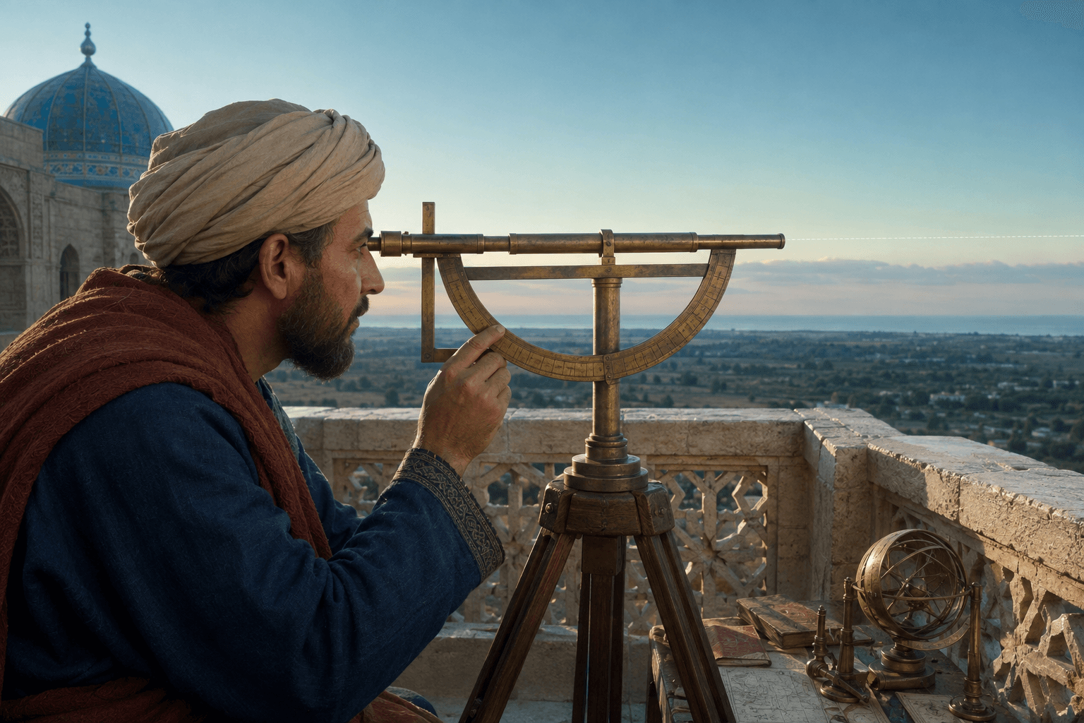 رسم توضيحي تاريخي تعليمي لعالم مجهول يوجه أداة نحاسية صحيحة نحو الأفق مع قوس زاوي صغير، بوجه ويد واضحة ومن دون كتابة
