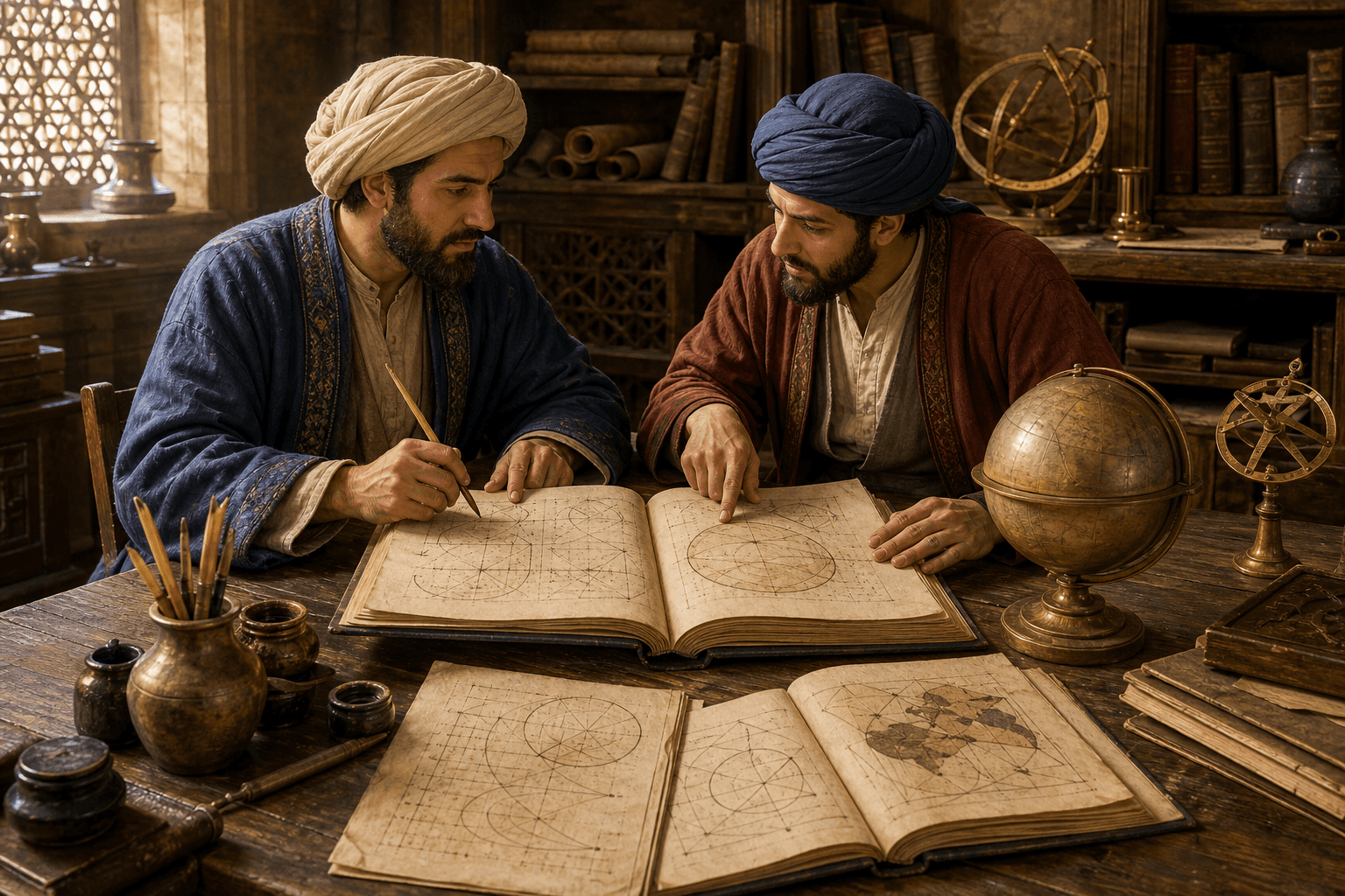 رسم توضيحي تاريخي لناسخين مجهولين يقارنان مخطوطات ومخططات هندسية مجردة بجانب كرة نحاسية، بوجوه وأيد واضحة ومن دون كتابة مقروءة