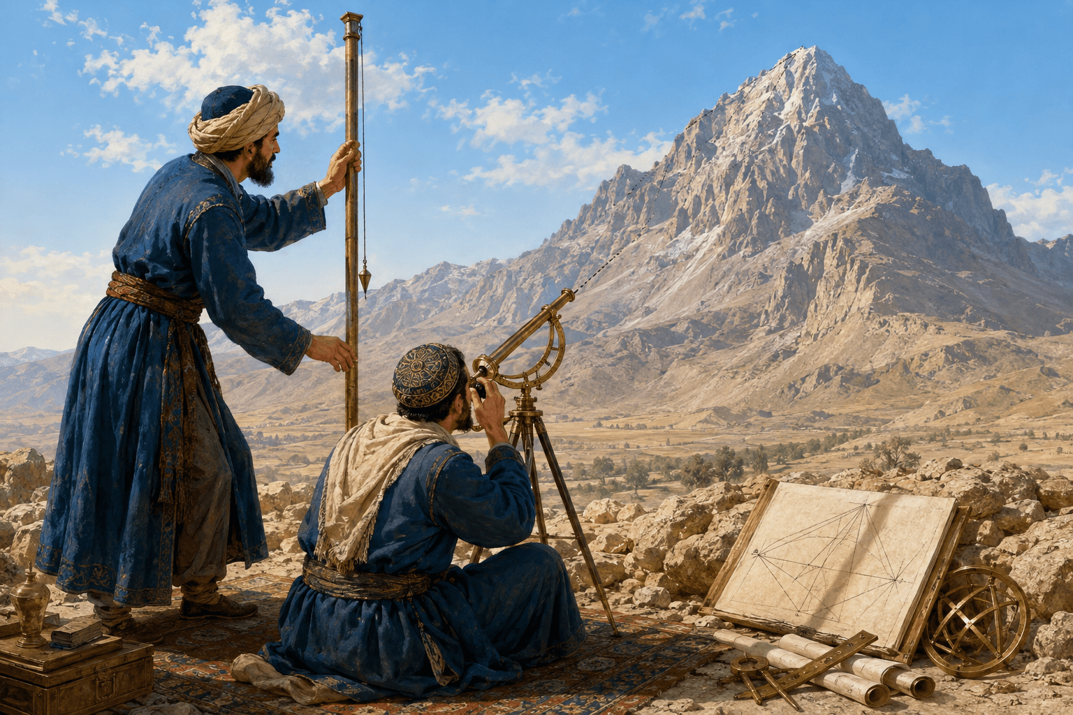 رسم توضيحي تاريخي تعليمي لعالمين مجهولين يقيسان ارتفاع جبل بعمود رأسي وخيط شاقول وأداة نظر، بوجوه وأيد واضحة