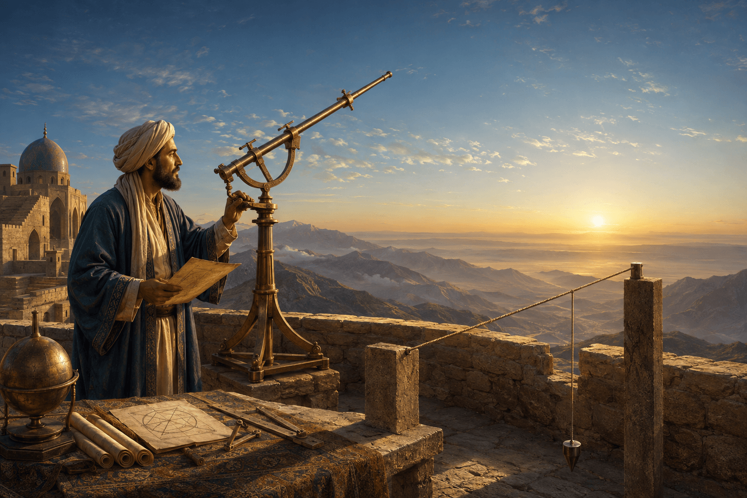 رسم توضيحي تعليمي لعالم مجهول في مرصد جبلي يقيس الأفق بأداة نحاسية، وليس بورتريهًا تاريخيًا موثقًا للبيروني