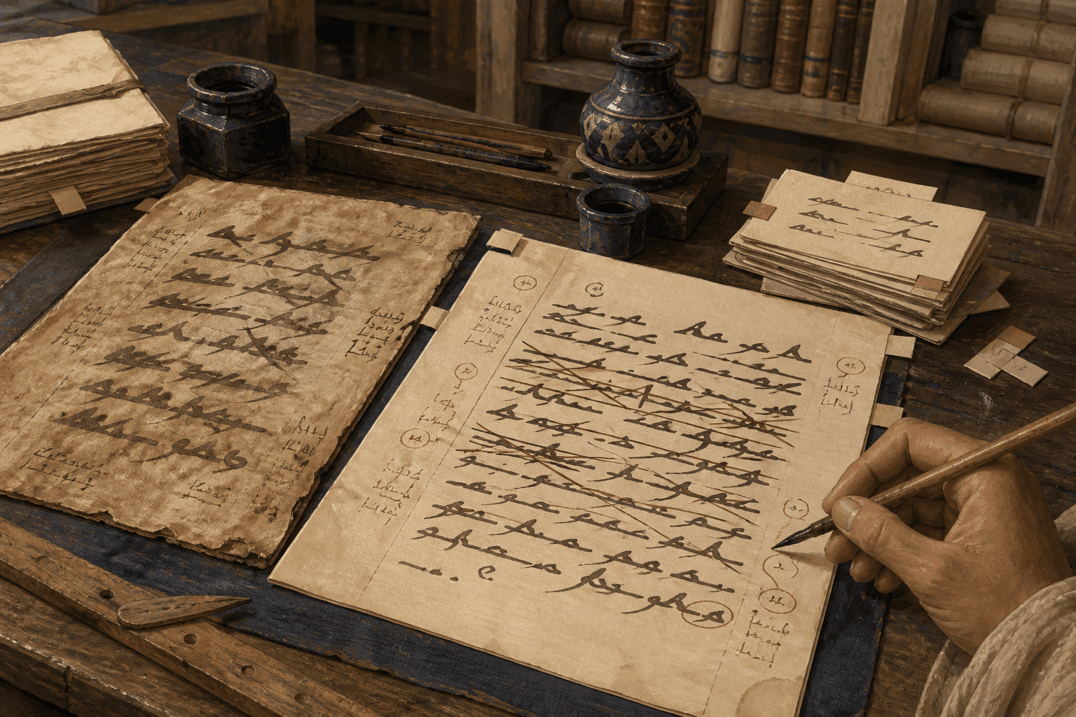 رسم توضيحي تعليمي لطاولة مراجعة فيها مسودات وعلامات تصحيح ومفردات مجردة، وليس هامشًا من مخطوط موثق