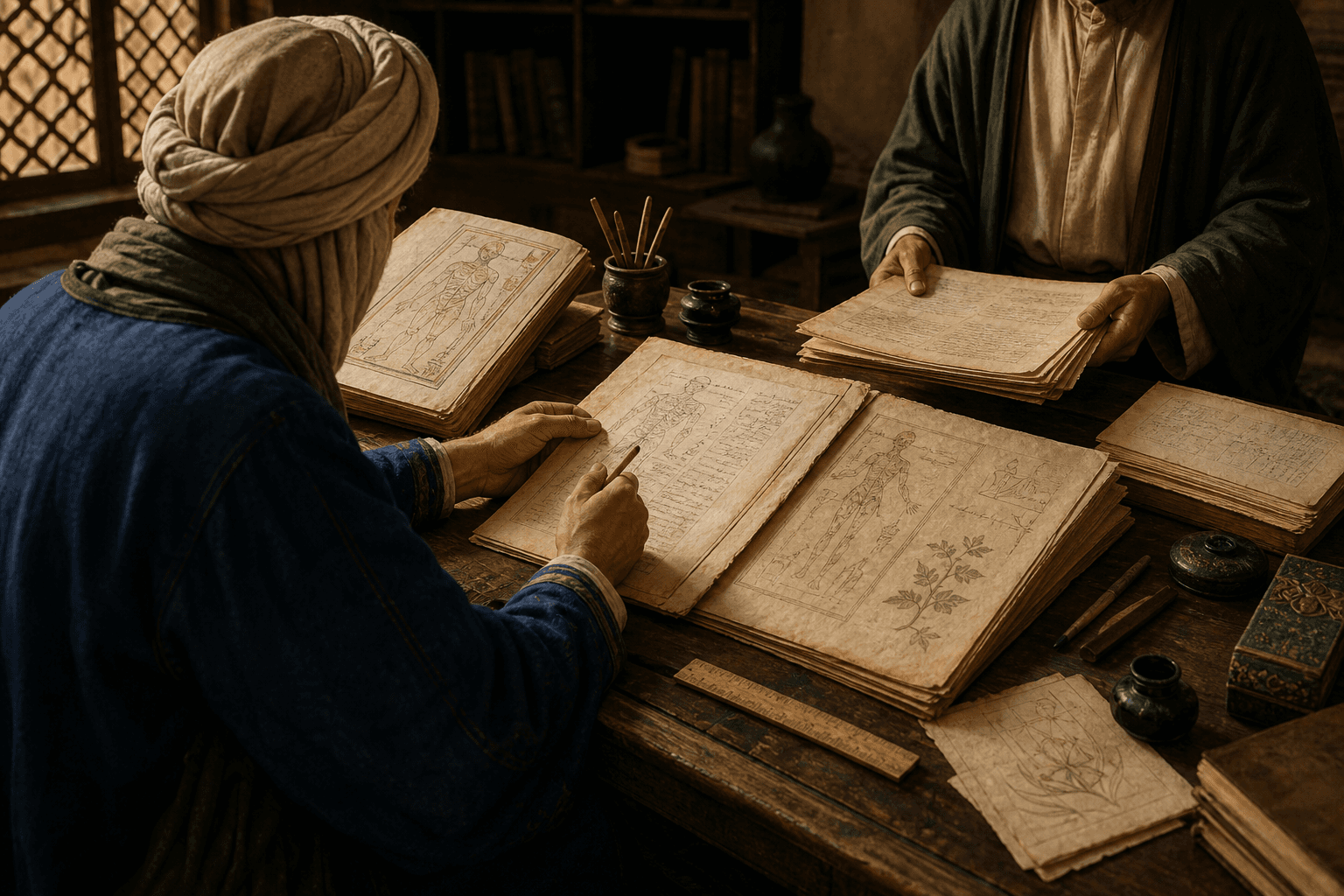 رسم توضيحي تعليمي لمقارنة مصدر يوناني ووسيط سرياني ومسودة عربية على مكتب تاريخي، دون ادعاء أنها مخطوطات بعينها
