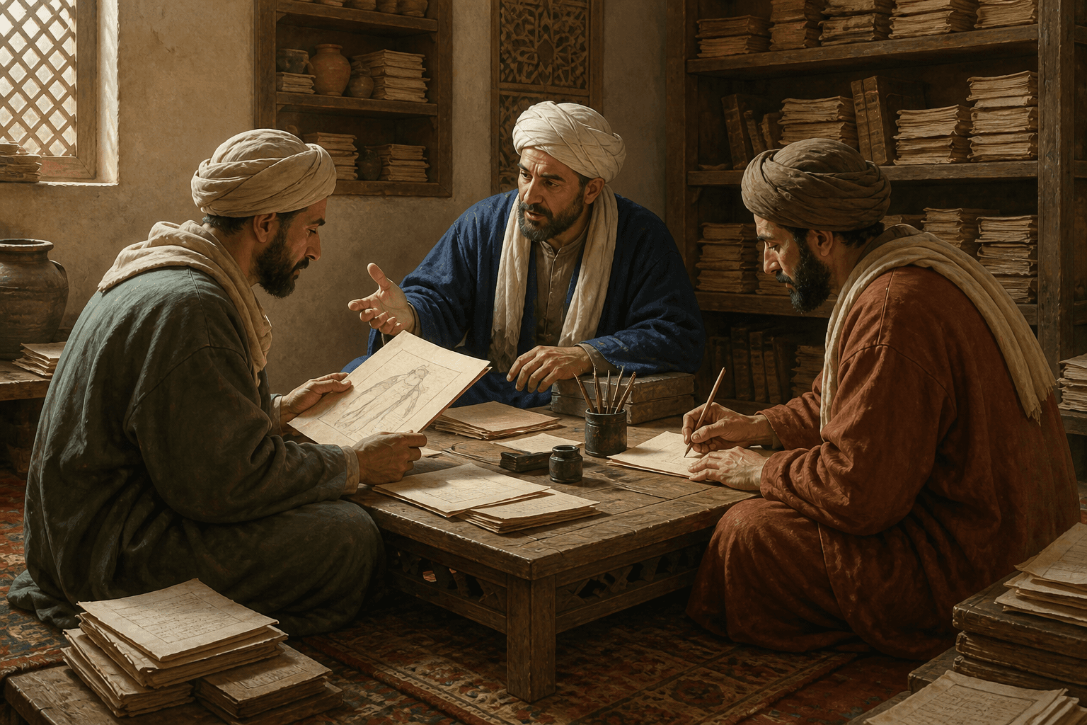 رسم توضيحي تعليمي لدائرة ترجمة تضم دارسين مجهولين يقرأون مصدرًا ويكتبون مسودة عربية، وليست بورتريهًا لحنين بن إسحاق