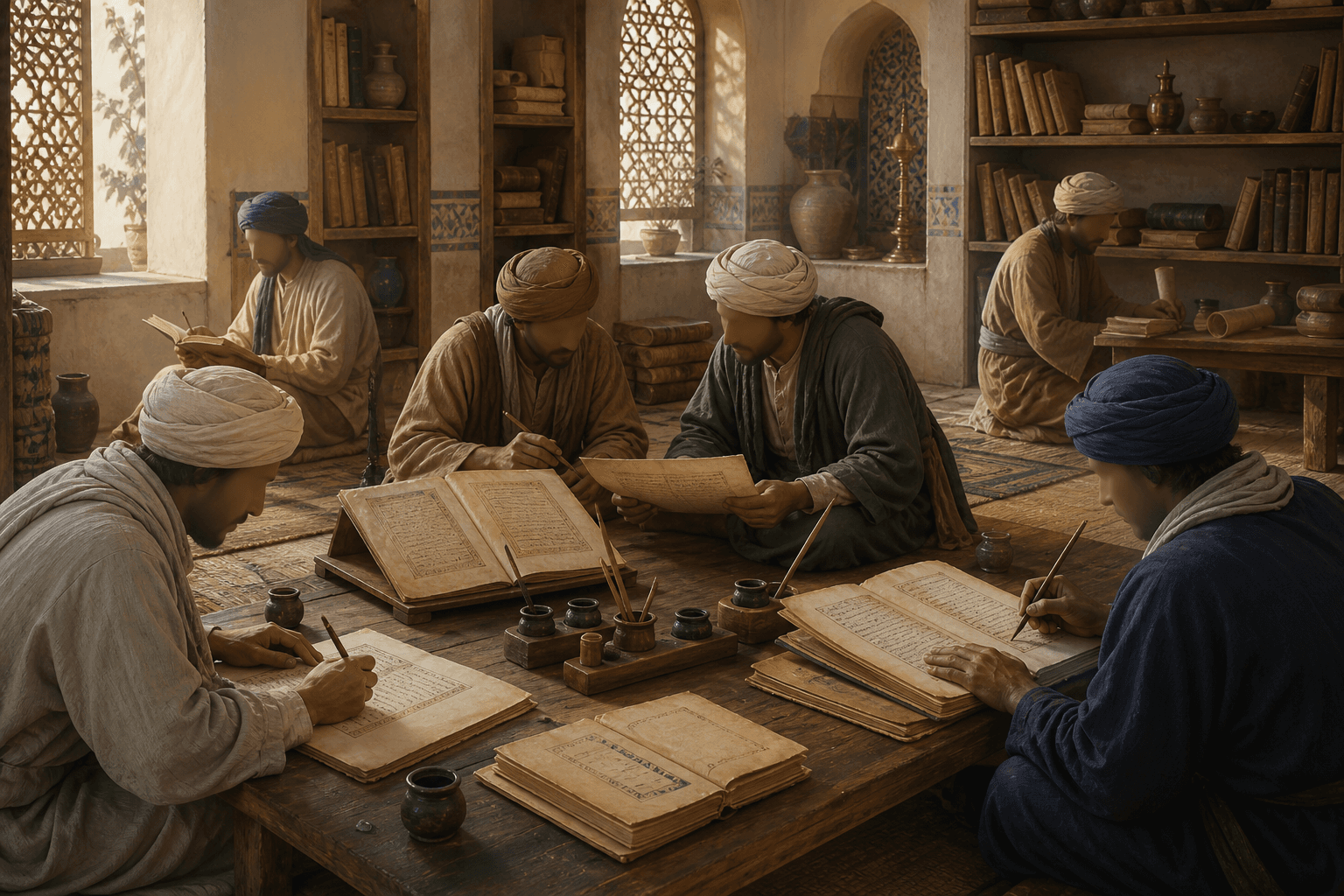 رسم توضيحي تعليمي لورشة ترجمة في بغداد العباسية مع مخطوطات وأقلام ودارسين مجهولين، وليس بورتريهًا موثقًا لحنين بن إسحاق