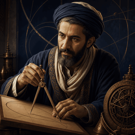 رسم رأسي تعليمي متخيّل لشخصية تمثل أبو سهل القوهي — ليس بورتريهًا تاريخيًا موثقًا